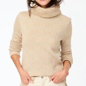 J Crew Herringbone Print Funnel Neck Pullover Long Sleeve Tan White XL